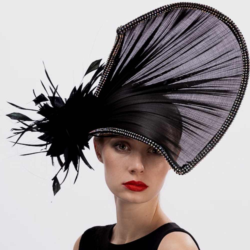Beloved Millinery Couture Stunning Black Flying Fan Rhinestone Feather Hatinator